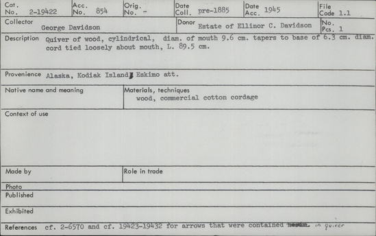 Documentation associated with Hearst Museum object titled Quiver, accession number 2-19422, described as Wood. Cylindrical, mouth tapers to base. Cotton cord tied loosely about mouth.