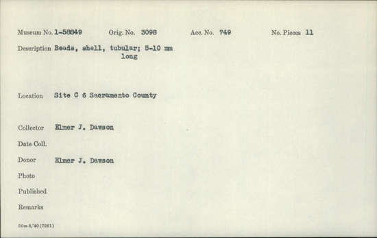 Documentation associated with Hearst Museum object titled Beads, accession number 1-58849, described as Shell, tubular