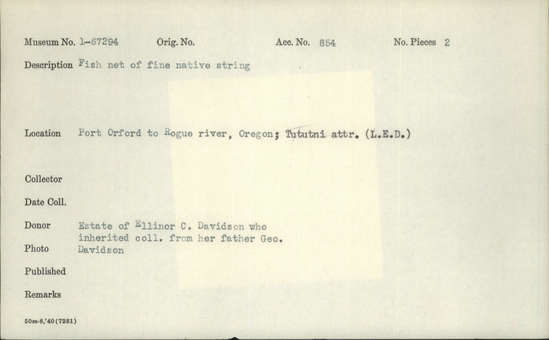 Documentation associated with Hearst Museum object titled Net, accession number 1-67294, described as Fish net, made of fine native string.