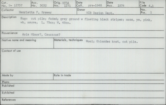 Documentation associated with Hearst Museum object titled Carpet, accession number 9-12757, described as Rug: cut pile; faded; grey ground with floating black stripes; moss, yellow, pink, white, mauve. length 75 centimeter; width 48 centimeter.