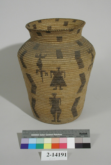 Hearst Museum object titled Basket, accession number 2-14191, described as Olla shape. Lizards and standing human in black material.  Black material is devil's claw (Martynia probosidea); willow or cottonwood; coiling.