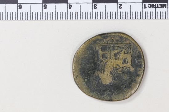 Hearst Museum object 3 of 8 titled Coin: æ, accession number 8-6266, described as Coin: AE; JULIA.SOAEMIAS - 19.92 grms. Obverse: IVLIA SOAE MIAS AVG - bust facing right, draped, diademed. Reverse: VEN[VS CAELESTIS], SC in ex - Venus (Greek: Aphrodite) seated l. holding apple & Sceptre: child at her feet