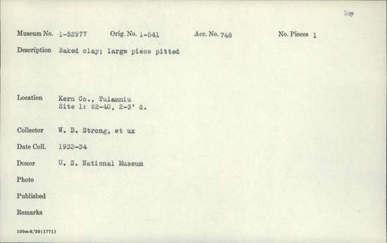 Documentation associated with Hearst Museum object titled Baked clay, accession number 1-52977, described as Large piece, pitted