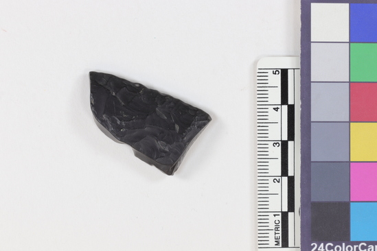 Hearst Museum object titled Flake, accession number 16-14430, described as Projectile point fragment; obsidian; triangular; weight: 6.74 grams; length: 2.59 cm; width: 2.07 cm; depth: 0.74 cm.