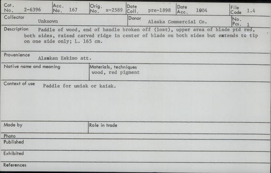 Documentation associated with Hearst Museum object titled Paddle, accession number 2-6396, described as Paddle of wood, end of handle broken off (lost), upper area of blade painted red, both sides, raised carved ridge in center of both sides but extends to tip on one side only.