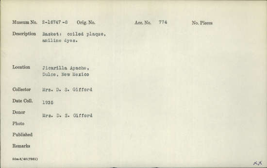Documentation associated with Hearst Museum object titled Plaque, accession number 2-16748, described as Coiled basket, aniline dyes.