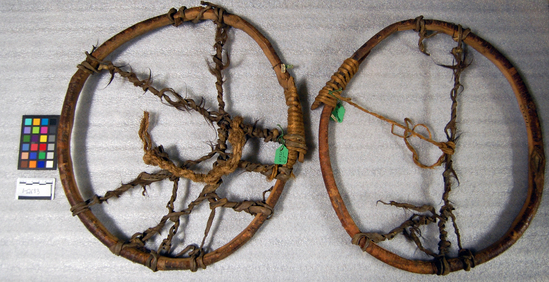 Hearst Museum object titled Snowshoes (drags), accession number 1-12633a,b, described as Ni."  Made with horse hide but otherwise old fashioned.