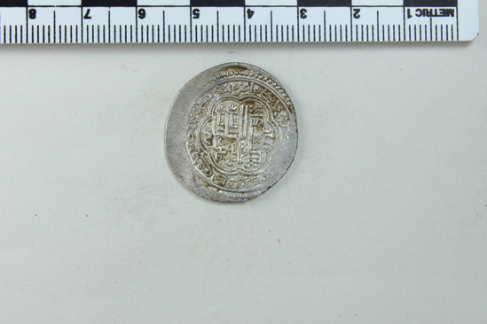 Hearst Museum object 4 of 6 titled Coin: ar double dirhem, accession number 9-7197, described as Silver coin, Double Dirhem, 3.98 gm (Ghazan-Uljaitu  II weight standard)