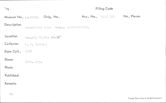 Documentation associated with Hearst Museum object titled Shell, accession number 1-148746, described as Unmodified, unidentified.