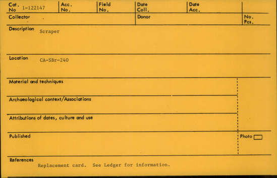 Documentation associated with Hearst Museum object titled Scraper, accession number 1-122147, described as Knife