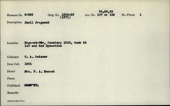 Documentation associated with Hearst Museum object titled Shell fragment, accession number 6-362, described as Shell fragment