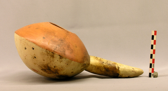 Hearst Museum object titled Bowl with handle, accession number 4-2656, described as Ladle-like bowl, small opening and straight-handle, red top.