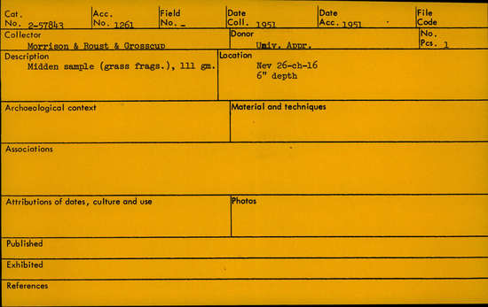 Documentation associated with Hearst Museum object titled Soil/fiber/shell sample, accession number 2-57843, described as Midden sample (grass fragments)