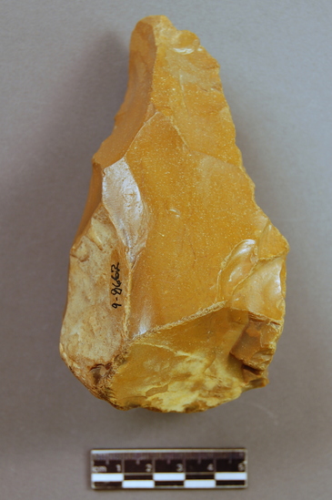 Hearst Museum object 2 of 3 titled Handaxe, accession number 9-8662, described as Handaxe; pointed; bifacial; some natural surface; step flaking;