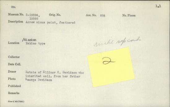 Documentation associated with Hearst Museum object titled Arrow, accession number 2-19394, described as Arrow minus point, feathered.