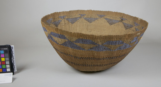 Hearst Museum object 2 of 2 titled Basket, accession number 1-27184, described as Twined.  1 wide triangular, 3 narrow bands of brown.