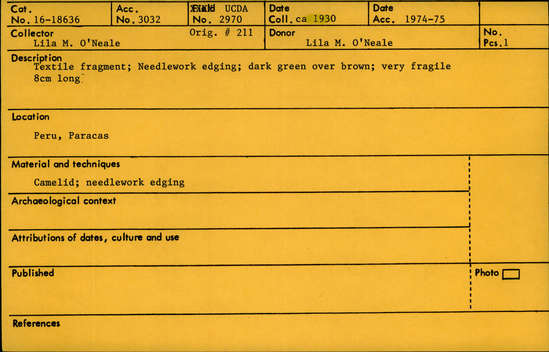 Documentation associated with Hearst Museum object titled Textile fragment, accession number 16-18636, no description available.