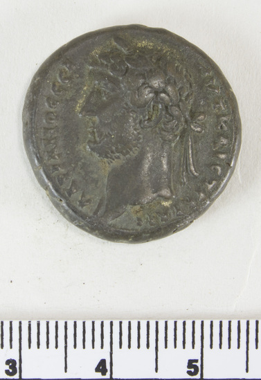 Hearst Museum object 3 of 6 titled Coin: billon tetradrachm, accession number 6-22554, described as Roman tetradrachm. Head of Hadrian, l., laureate