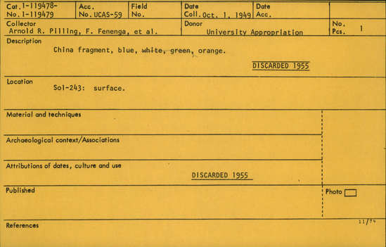 Documentation associated with Hearst Museum object titled China fragment, accession number 1-119479, described as From ledger:  Orange.