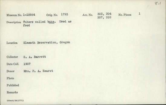 Documentation associated with Hearst Museum object titled Tubers, accession number 1-12564, described as Called buks.