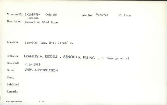 Documentation associated with Hearst Museum object titled Faunal remains, accession number 1-108778, described as Mammal or bird.