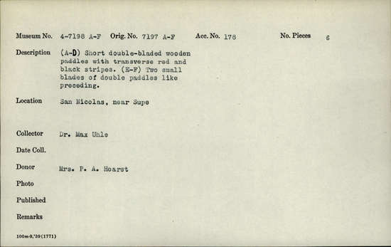 Documentation associated with Hearst Museum object titled Paddle, accession number 4-7198a, described as Paddle, Wood