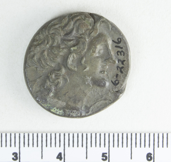 Hearst Museum object 10 of 10 titled Coin: billon tetradrachm, accession number 6-22316, described as Coin, silver base. Diameter 23 mm. Weight 14.72 grams. Condition fair. Denomination: silver base tetradrachm. Obverse description: Head of Ptolemy I, facing right, diademed, aegis around neck.. Reverse description: [inscription] Eagle on thunderbolt. Mint date: Alexandria, year 20, reign of Ptolemy XI, Alexander I.