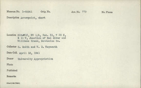 Documentation associated with Hearst Museum object titled Projectile point, accession number 1-60041, described as chert arrowpoint