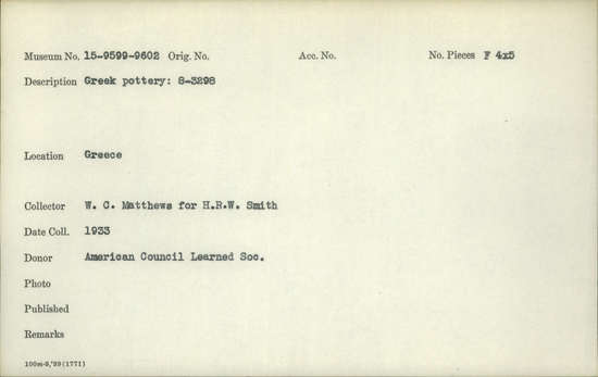 Documentation associated with Hearst Museum object no title available, accession number 15-9599, described as Greek pottery: 8-3298