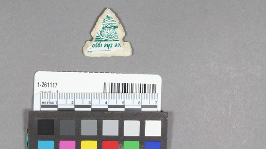 Hearst Museum object 3 of 3 titled Point, accession number 1-261117, described as Diner ceramic projectile point 3 x 3 cm.