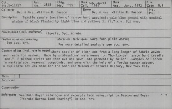 Documentation associated with Hearst Museum object titled Textile sample, accession number 5-11177, described as textile sample (section of narrow band weaving):  pale blue ground with central stripe of black flanked by light blue and yellow;  l. 22.7 x w. 9.5 cms.