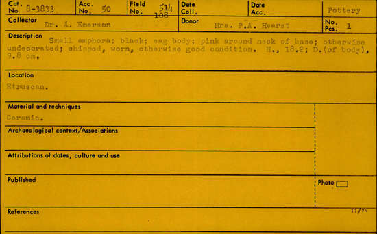 Documentation associated with Hearst Museum object titled Amphora, accession number 8-3833, described as Small amphora; black; sag body; pink around neck of base; otherwise undecorated; chipped, worn, otherwise good condition. height 18.2; Diameter (of body) 9.8cm