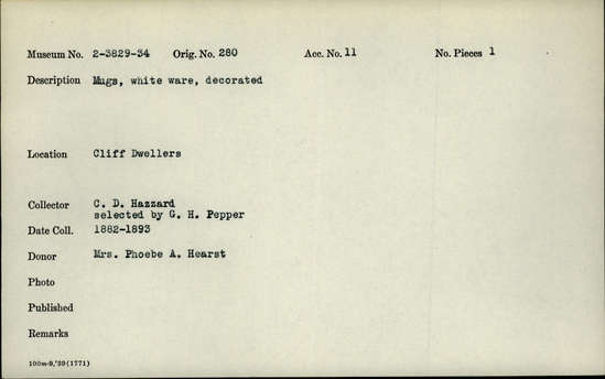 Documentation associated with Hearst Museum object titled Mug, accession number 2-3829, described as Mug. White ware, decorated.