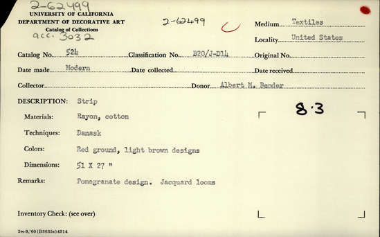 Documentation associated with Hearst Museum object titled Textile sample, accession number 2-62499, described as Strip; rayon, cotton, damask, red ground, light brown designs, pomegranate design, Jacquard looms