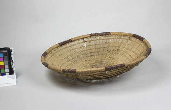 Hearst Museum object 3 of 3 titled Basket, accession number 1-28802, described as Openwork lattice tray. Red and white wrapping on rim, exterior clamshell beads.