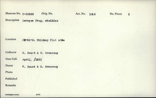 Documentation associated with Hearst Museum object titled Scraper fragment, accession number 2-30569, described as Scraper fragment obsidian