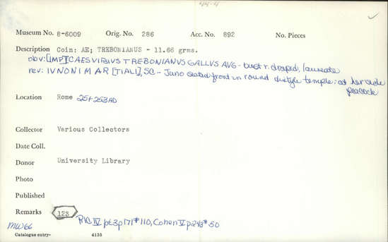 Documentation associated with Hearst Museum object titled Coin: æ sestertius, accession number 8-6009, described as Coin: Once sestertius (?); Æ; Trebonianus - 11.66 grams. Obverse: [IMP]CAESVIBIVS TREBONIANVS GALLVS AVG - Bust facing right, draped, laureate. Reverse: IVNONIMAR[TIALI], SC - Juno seated front in round distyle temple: at her side, peacock.