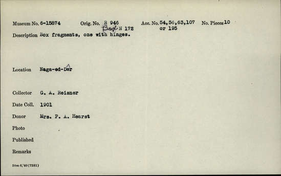 Documentation associated with Hearst Museum object titled Box fragments, accession number 6-15874, described as box fragments, one with hinges