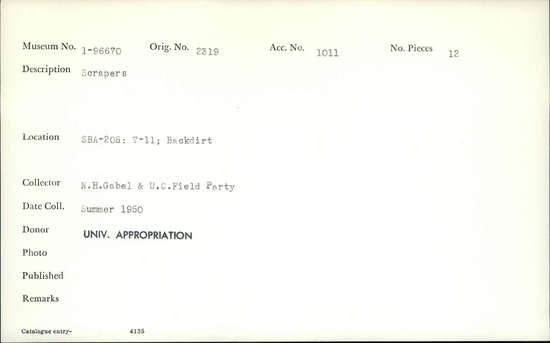 Documentation associated with Hearst Museum object titled Scrapers, accession number 1-96670, described as Scrapers.
