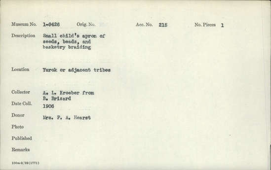 Documentation associated with Hearst Museum object titled Apron, accession number 1-9426, described as Small child's apron of seed, beads, and basketry braiding.