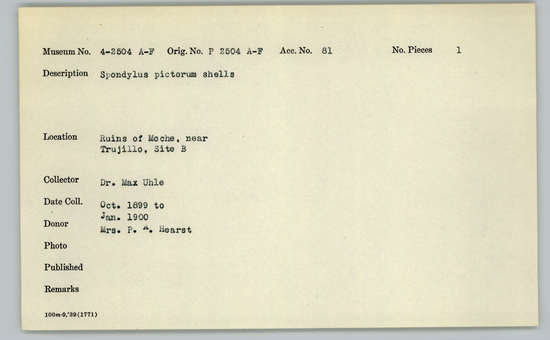 Documentation associated with Hearst Museum object titled Shell, accession number 4-2504e, described as Spondylus pictorum shells