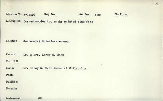 Documentation associated with Hearst Museum object titled Toy mask, accession number 3-15592, described as Carved wooden toy mask; painted pink face