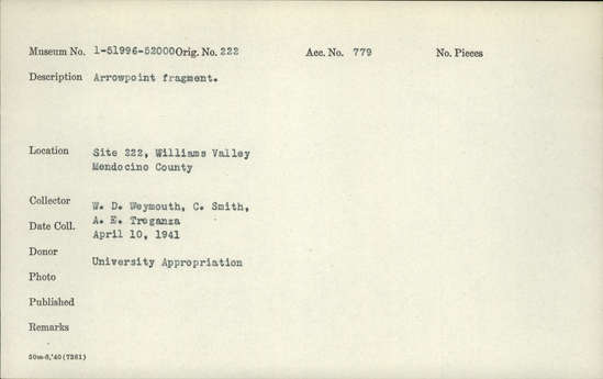 Documentation associated with Hearst Museum object titled Projectile point fragment, accession number 1-51996, described as Arrowpoint fragment