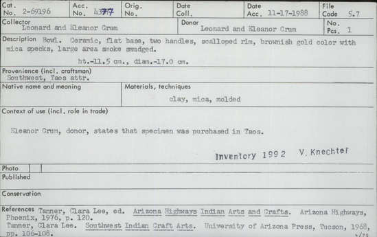 Documentation associated with Hearst Museum object titled Bowl, accession number 2-69196, described as Ceramic, flat base. Two handles, scalloped rim, brownish gold color with mica specks, large area smoke smudged. Molded.