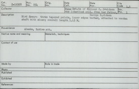 Documentation associated with Hearst Museum object titled Spear, accession number 2-19358, described as Three tapered points, inner edges barbed, attached to wooden shaft with sinew.