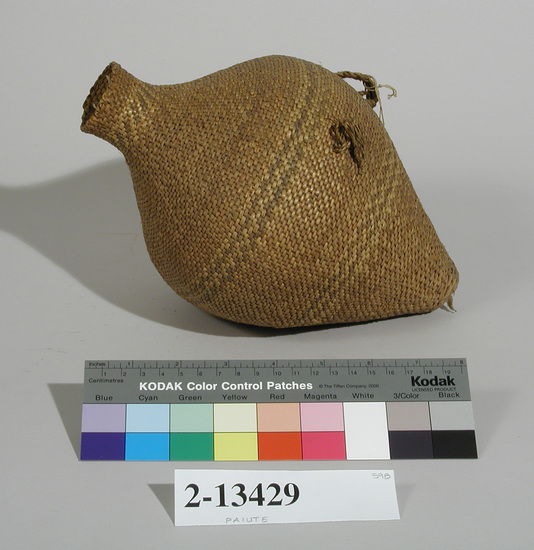 Hearst Museum object titled Basket, accession number 2-13429, described as Twined water bottle type. 3 bands alternating, black and white, 2 braided loop handles.