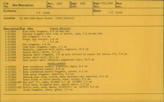 Documentation associated with Hearst Museum object titled Shell fragment, accession number 1-217059, described as Olivella shell, fragmentary