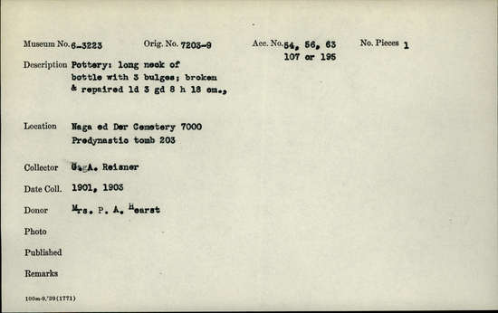 Documentation associated with Hearst Museum object titled Broken bottle, accession number 6-3223, described as Pottery: long neck of bottle with 3 bulges; broken & repaired; least diameter 3 cm, greatest diameter 8 cm, height 18 cm.