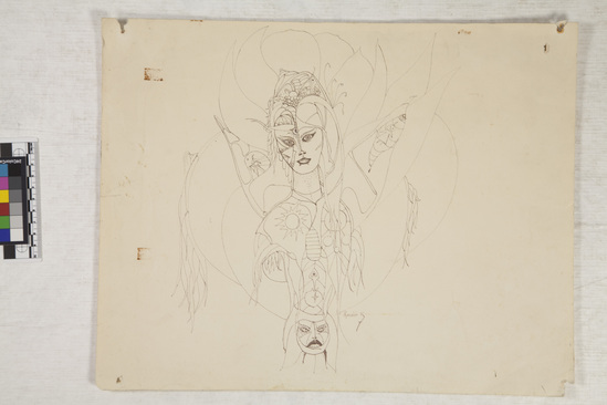 Hearst Museum object titled Drawing, accession number 17-735, described as Abstract head and torso of woman wearing Mardi Gras-like costume, exotic headpiece; face drawn near groin area.