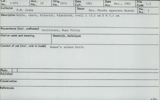 Documentation associated with Hearst Museum object titled Knife, accession number 1-974, described as knife.